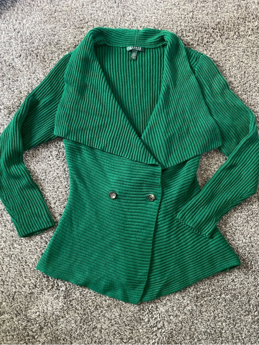 Lauren Ralph Lauren Emerald Green Ribbed Knit Double Breasted Cardigan